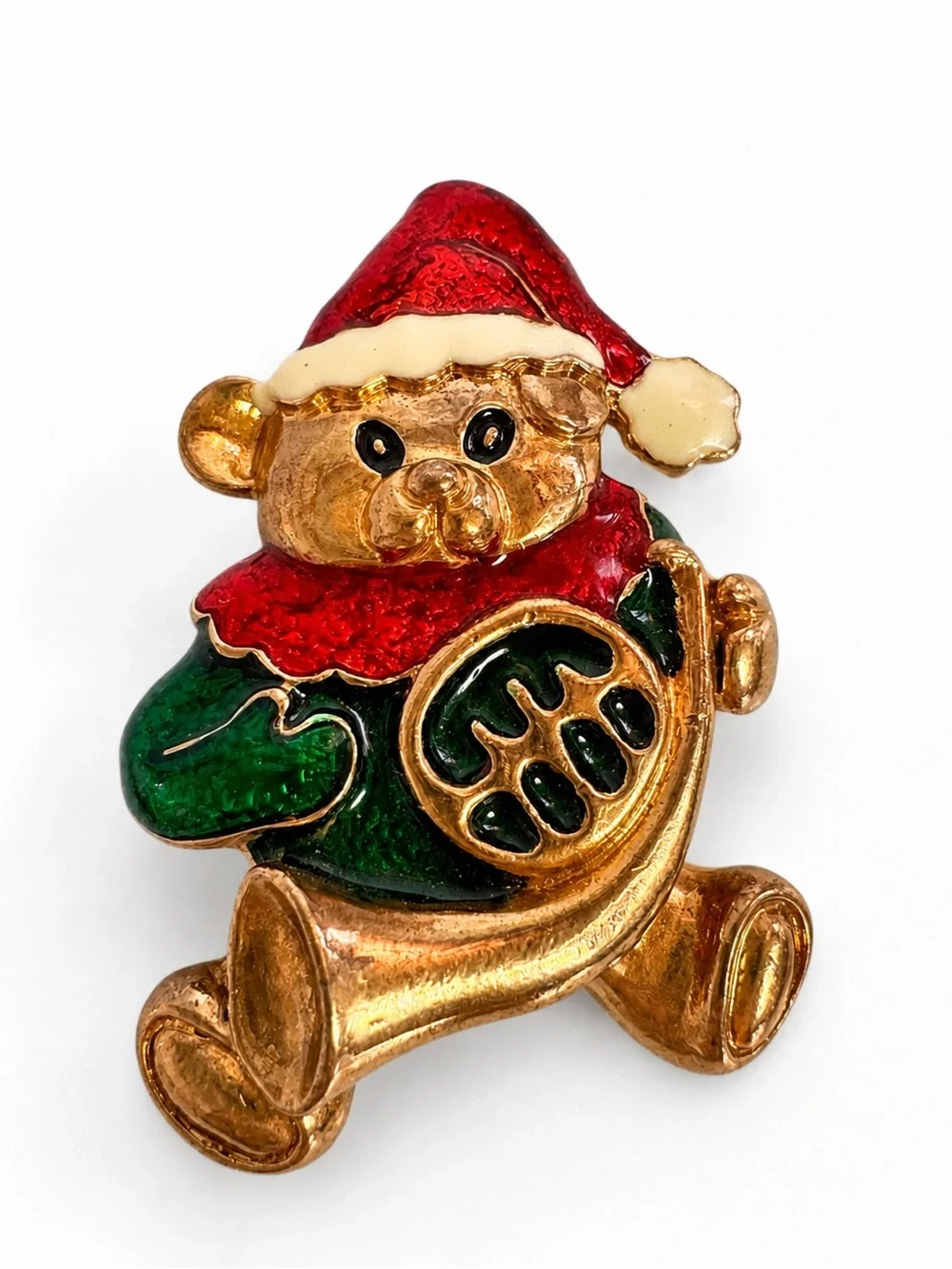 Vintage Christmas Teddy Bear French Horn Brooch Gold Tone Enamel Santa Hat Pin
